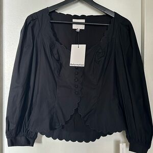 Reformation Elainna Black Scalloped-Trim Button-Front Blouse